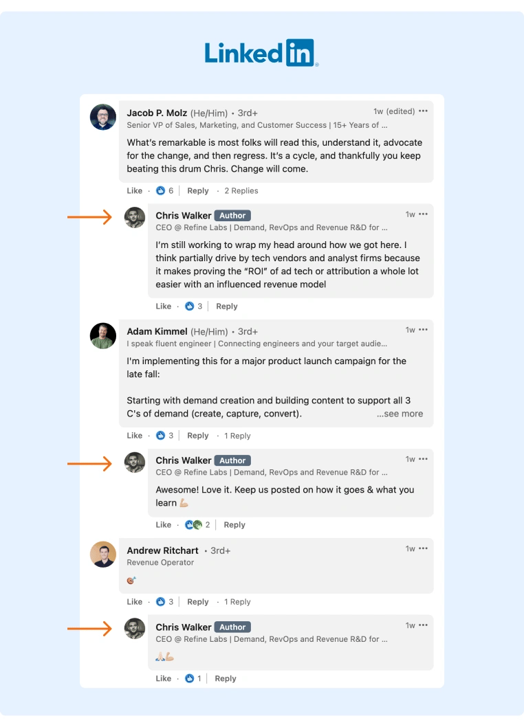 Comment thread from a LinkedIn post where the user actively engaged with the audience and replied to their comments