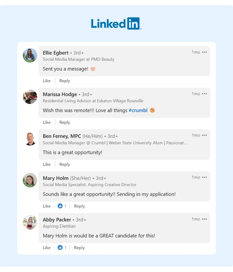 Commenters on LinkedIn engaging with a job post