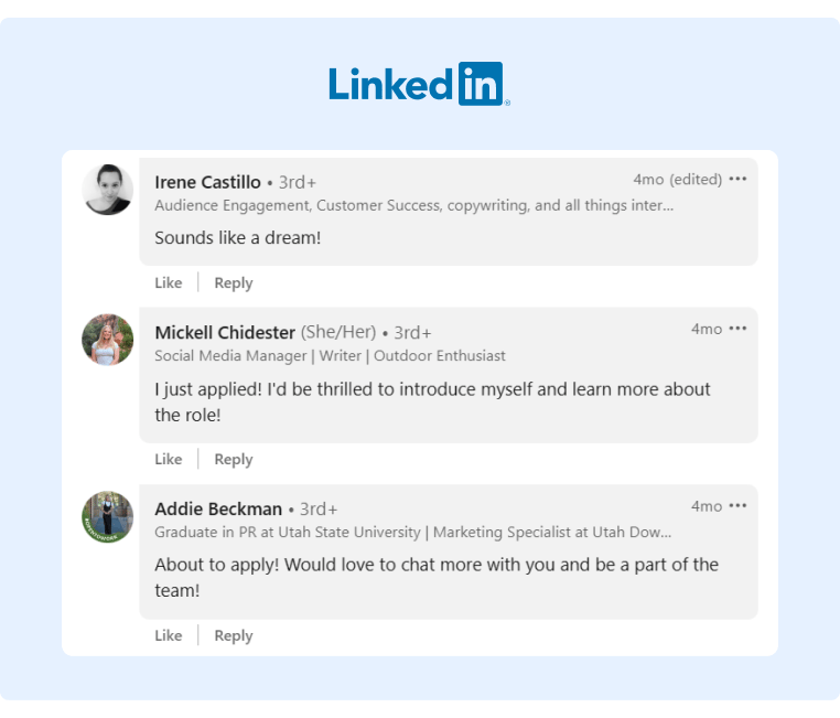 Comments on a LinkedIn post from a Crumbl Cookies employee who shared that the company is hiring