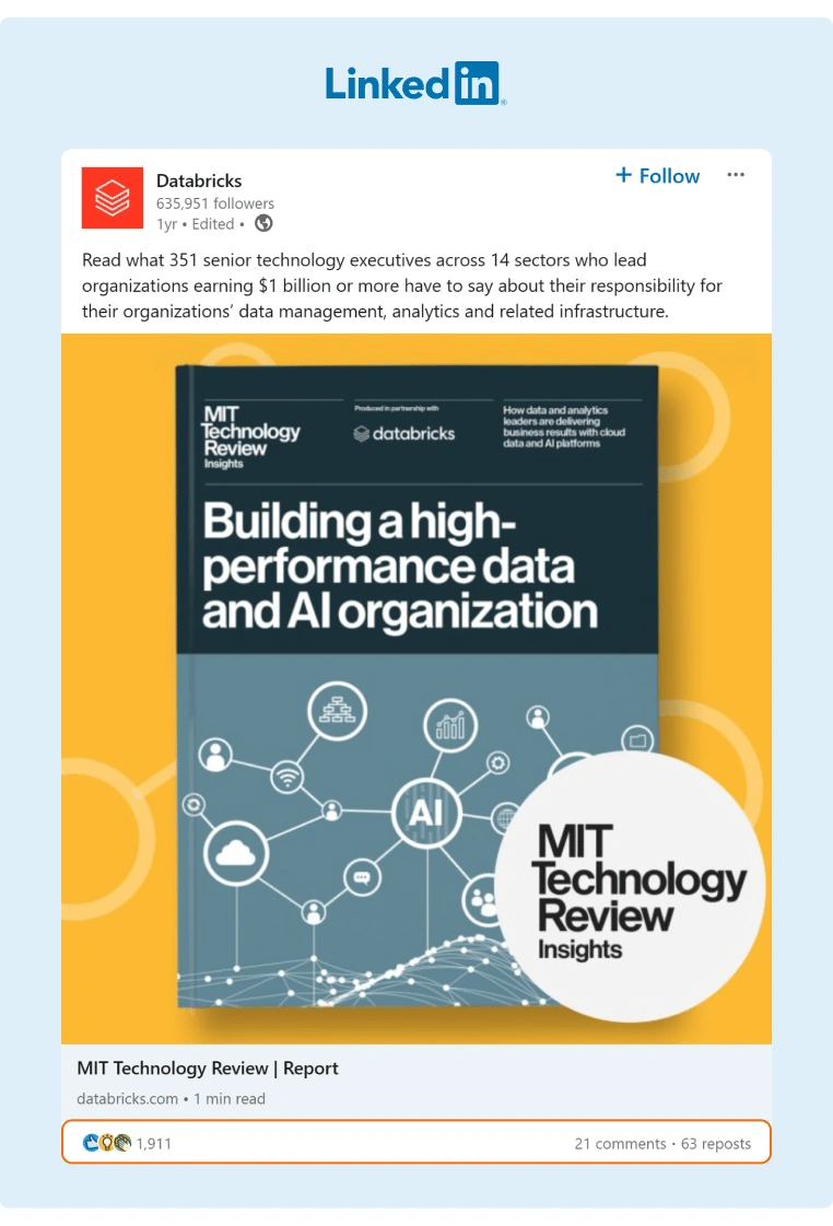 Databricks posted a Technology Review of MIT which gained a lot of engagement on LinkedIn