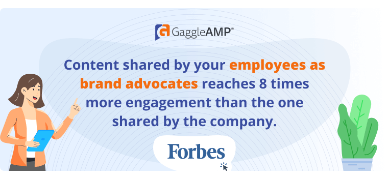 Employee Engagement Trends - Forbes Quote about Content Shared by Employees as Brand Advocates Reaches 8x More Engagement than one Shared by Companies