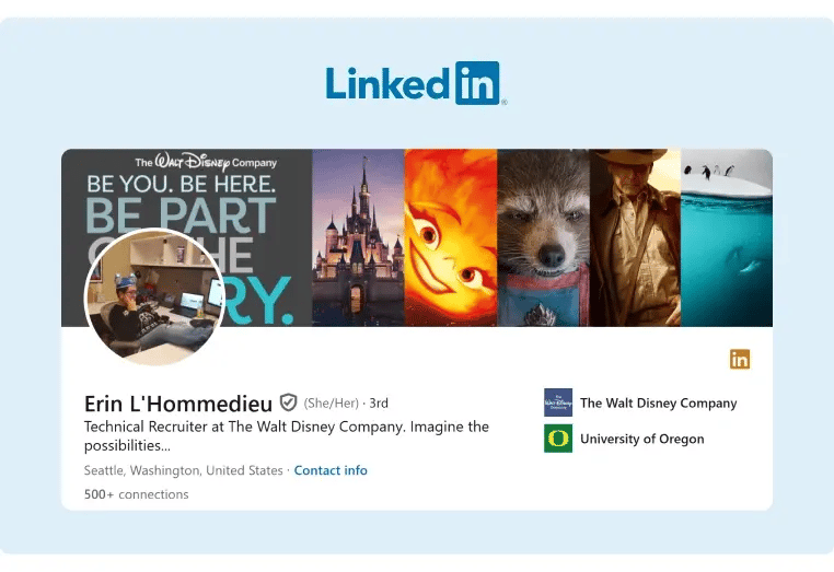 Erin LHommedieu uses a compeling headline on LinkedIn to describe her job at The Walt Disney Company