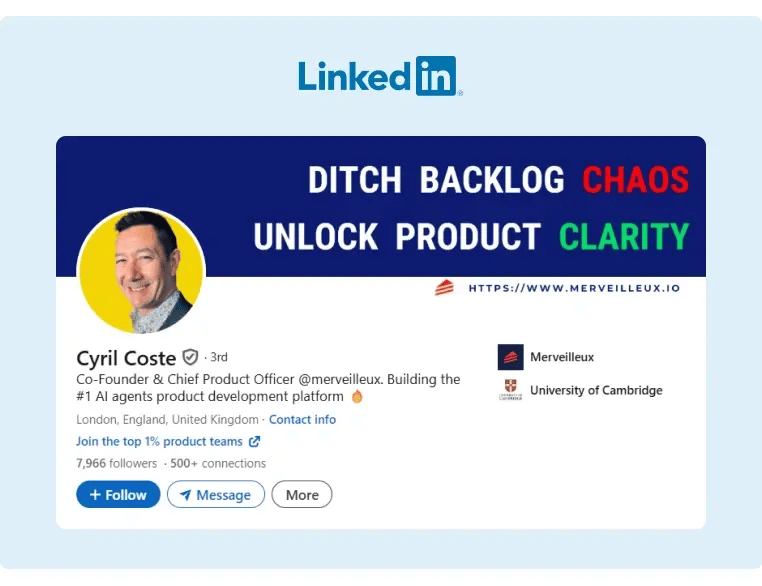 Example of a LinkedIn profile using a professional headshot and great contrasting colors for the banner picture