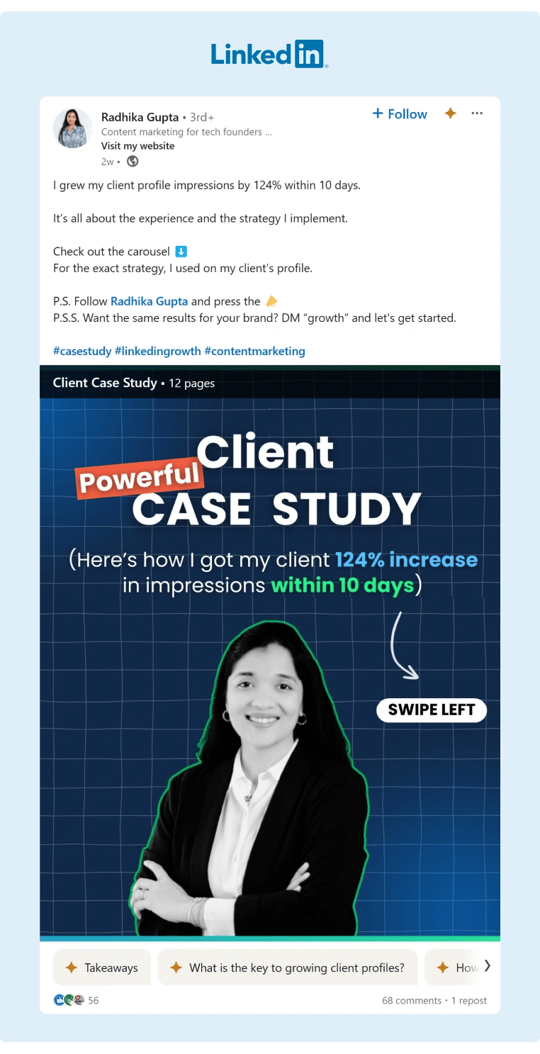 Example of how to post a Case Study on LinkedIn to attract more prospects