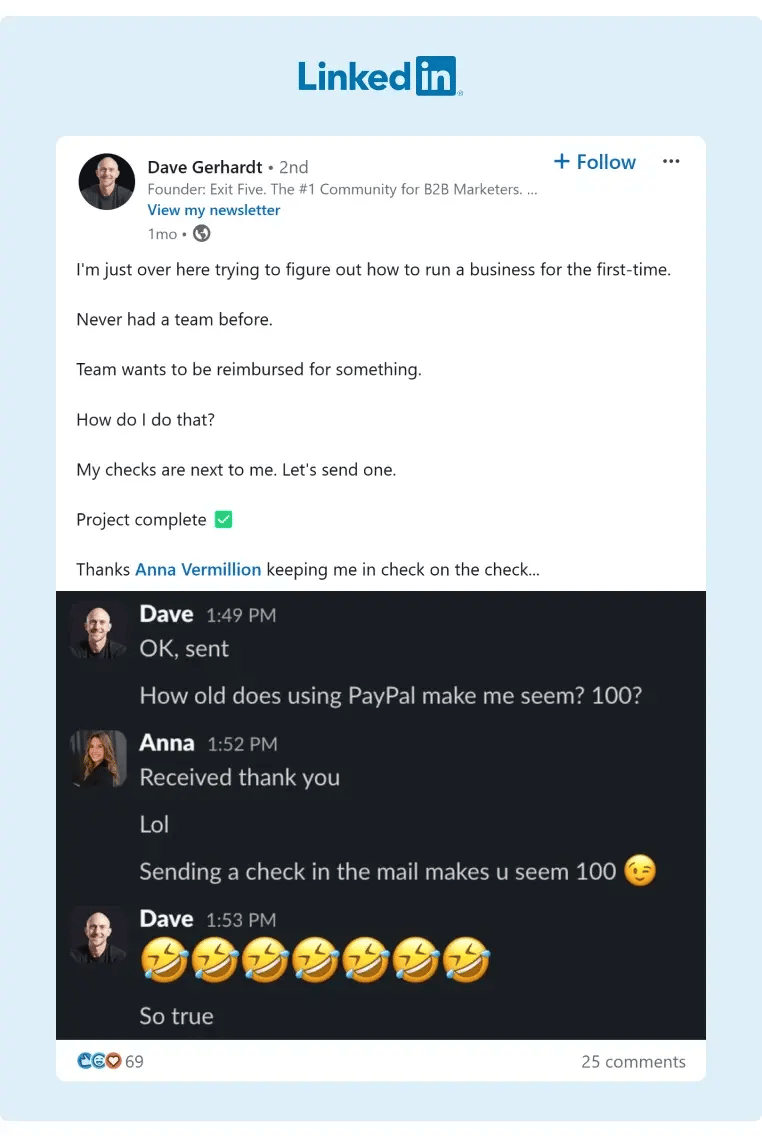 Exit Five CEO shared a fun LinkedIn interaction