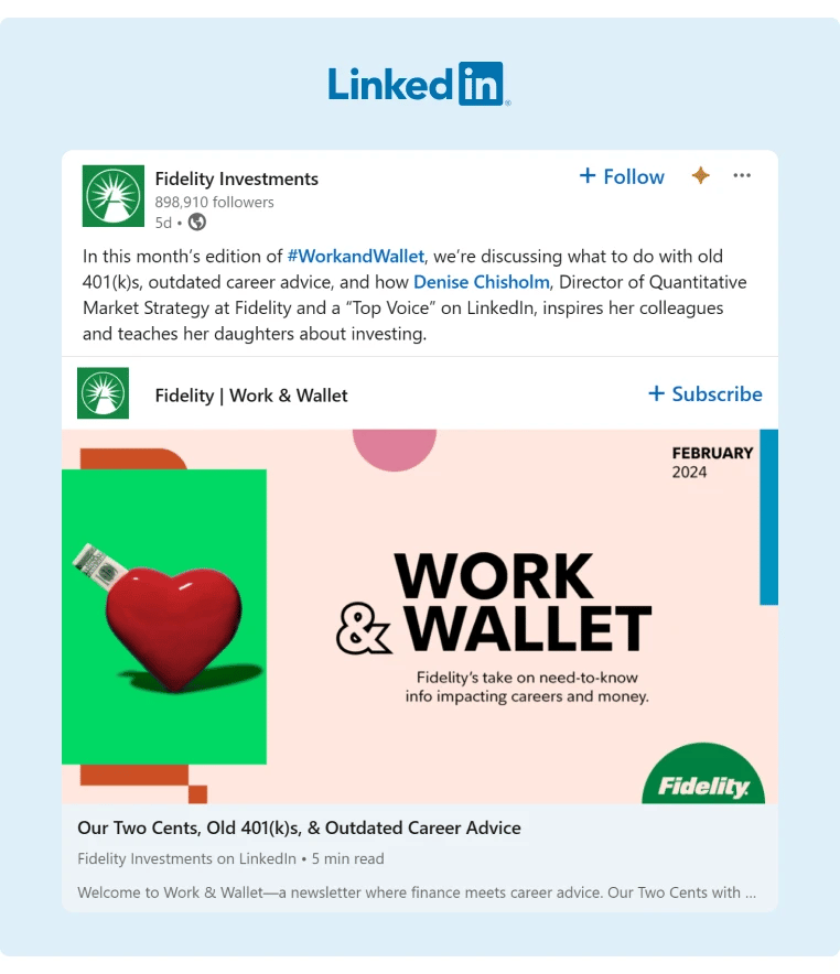 Fidelity Investments Newsletter Work & Wallet provides career and finance advice