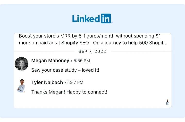 Follow up message from Megan to Tyler after sending him a connection request