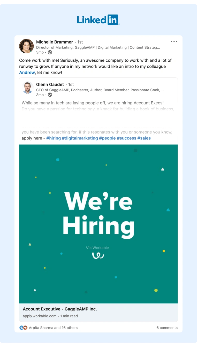 GaggleAMP Director of Marketing reshared a LinkedIn Post from the company CEO who announced that they are looking to fill a position