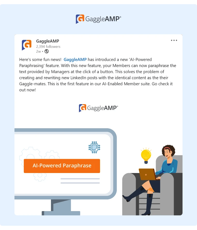 GaggleAMP LinkedIn Post announcing the newest AI tool feature for its product