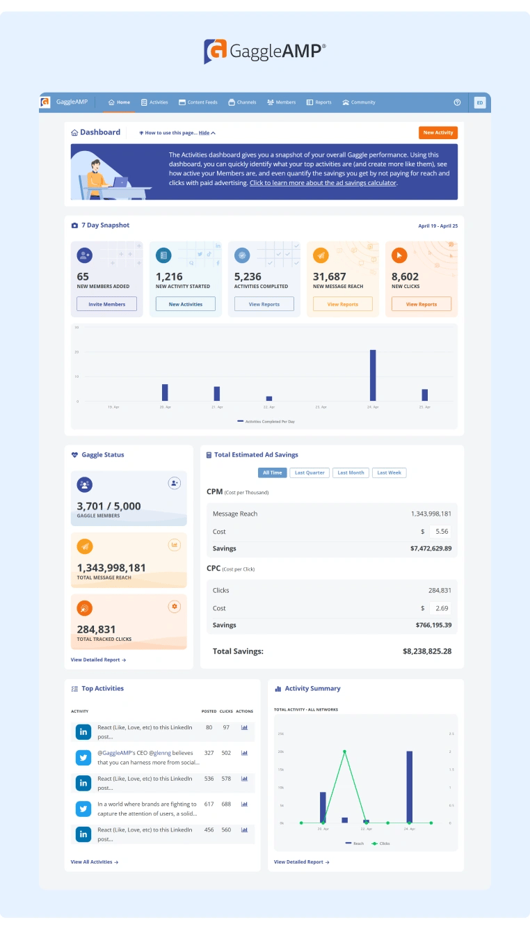 GaggleAMP Main Activity Analytics Dashboard