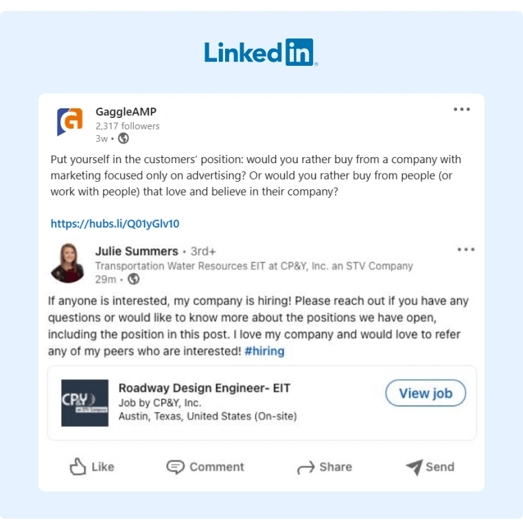 GaggleAMP shared and commented on a post from a CP&Y employee is letting their connections know that their company is hiring