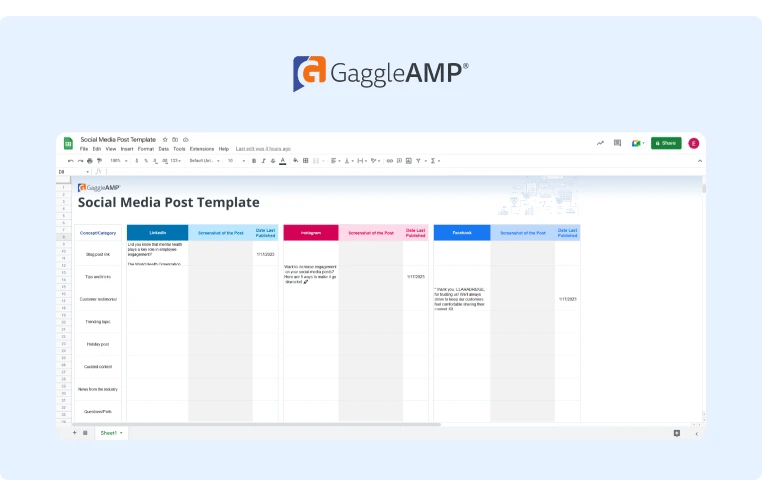 GaggleAmp Social Media Post Template in Google Sheets