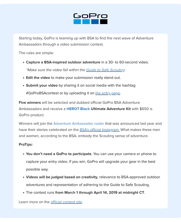 GoPros Adventure Ambassadors Program throughly explains the rules and tips for submitting an outdoor adventure video submission and the prize details