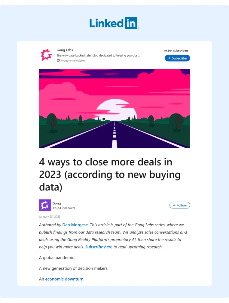 Gong Labs newsletter article from their LinkedIn page dives deep into B2B sales trends and how to leverage them