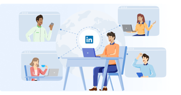 Man at desk with a LinkedIn icon above a laptop with four other employees engaging