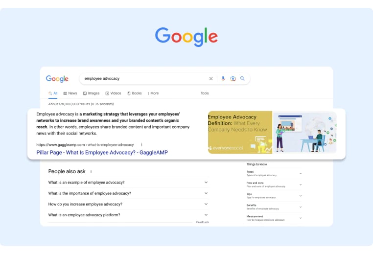 Google Search results when looking up for Employee Advocacy brings up GaggleAmp as the first result