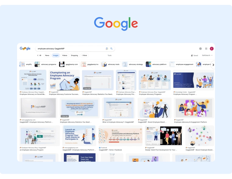Google search image results related to Employee Advocacy and featuring GaggleAMP illustrations and visual content