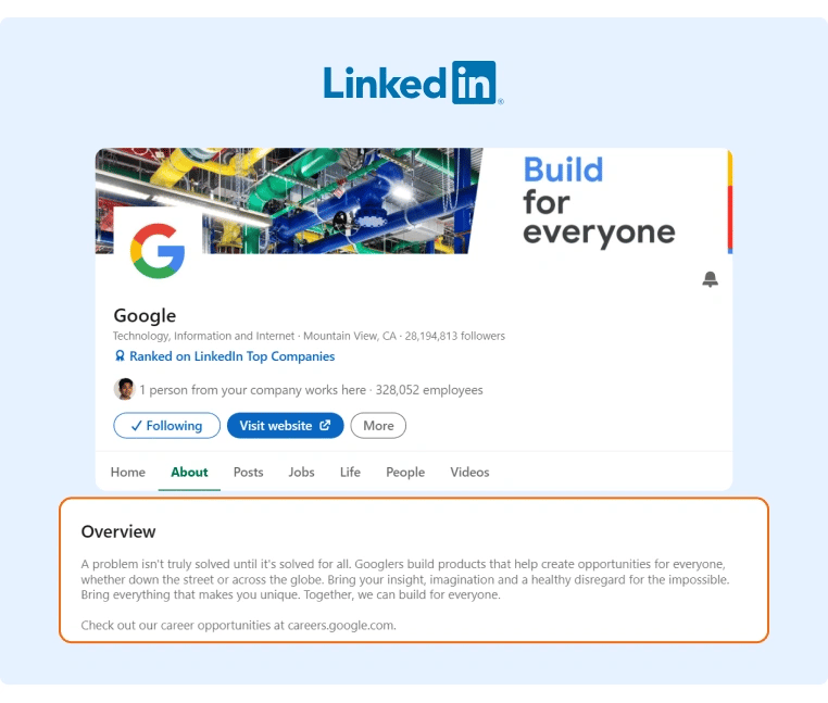 Google’s Overview showcases the strength of their employer branding by explaining their mission of solving problems and creating opportunities for everyone