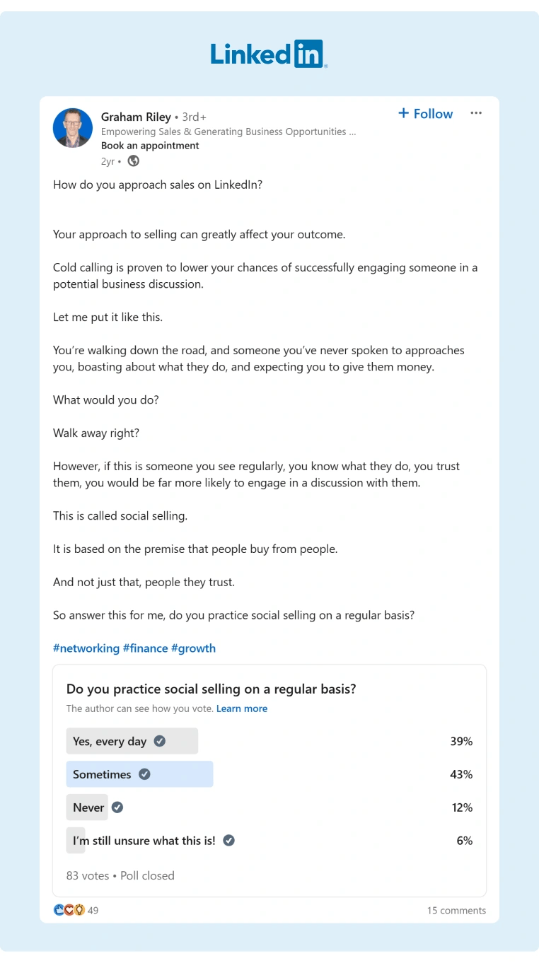 Graham Riley posted some of his insights about Social Selling and created a Poll inviting his audience to participate