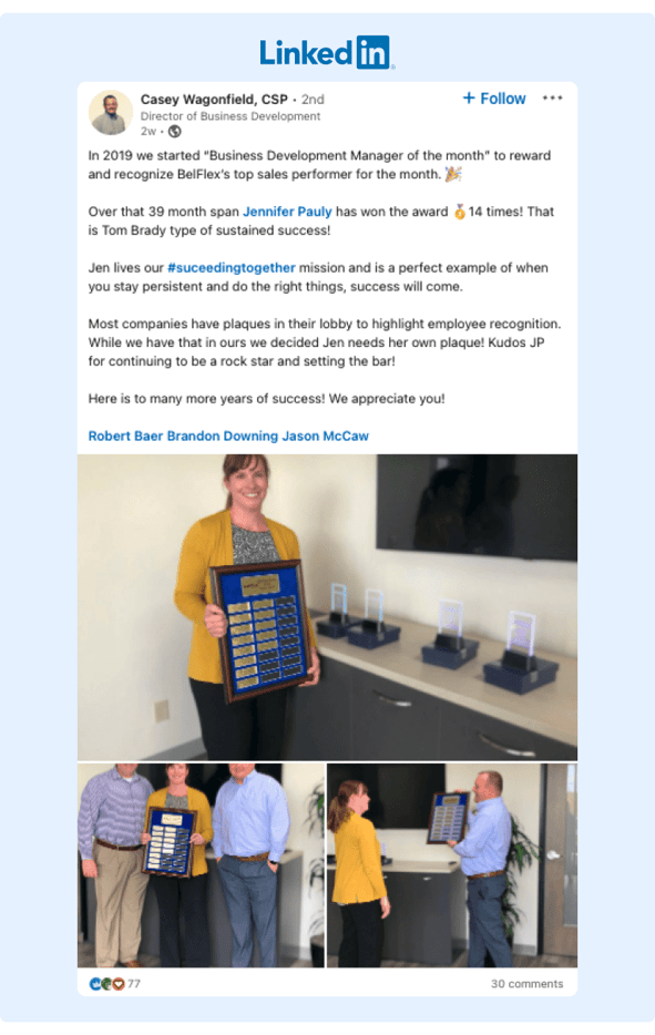 How to Increase Employee Engagement - LinkedIn post of a female employee holding an award in honor of the company employee appreciation