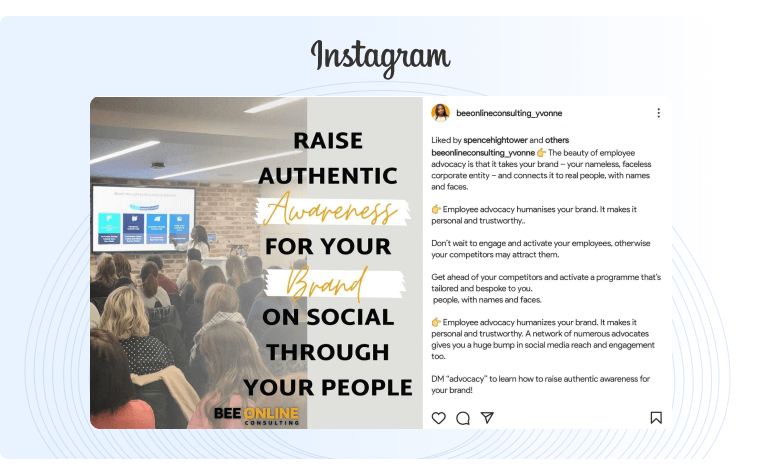 How to sell on social media Instagram example of an influencer with a quote about raising awareness for your brand on social media with a narrative about employee advocacy