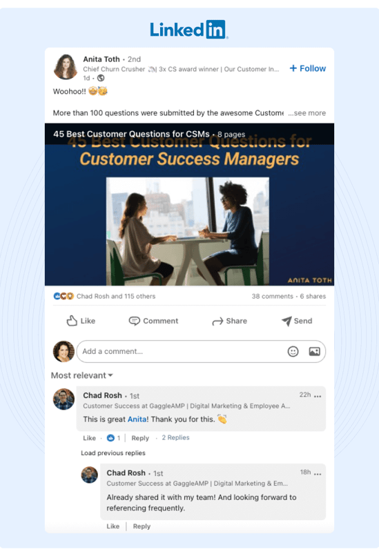 How to sell on social media LinkedIn post with a list of 100 questions submitted by Customer Success Managers and a reference from a person saying they are sharing it with their team