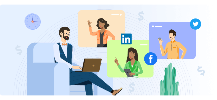 How to sell on social media. Image of one male in a vest and slacks sitting on a seat with a laptop with three thought bubbles of people with social media icons for LinkedIn Twitter and Facebook