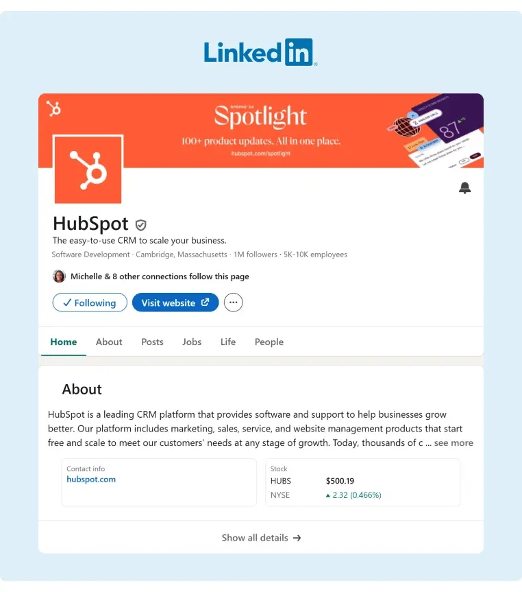 HubSpot About section on their LinkedIn page