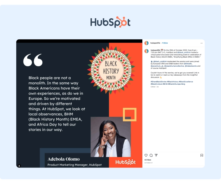HubSpot Instagram post about the Black History Month