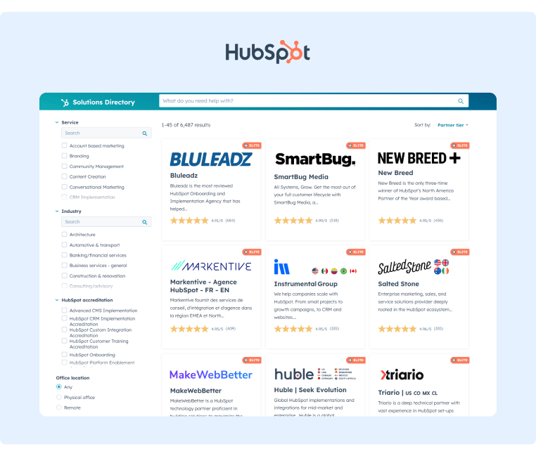 HubSpot Solutions Directory featuring Agencies that are part of their Partner Program