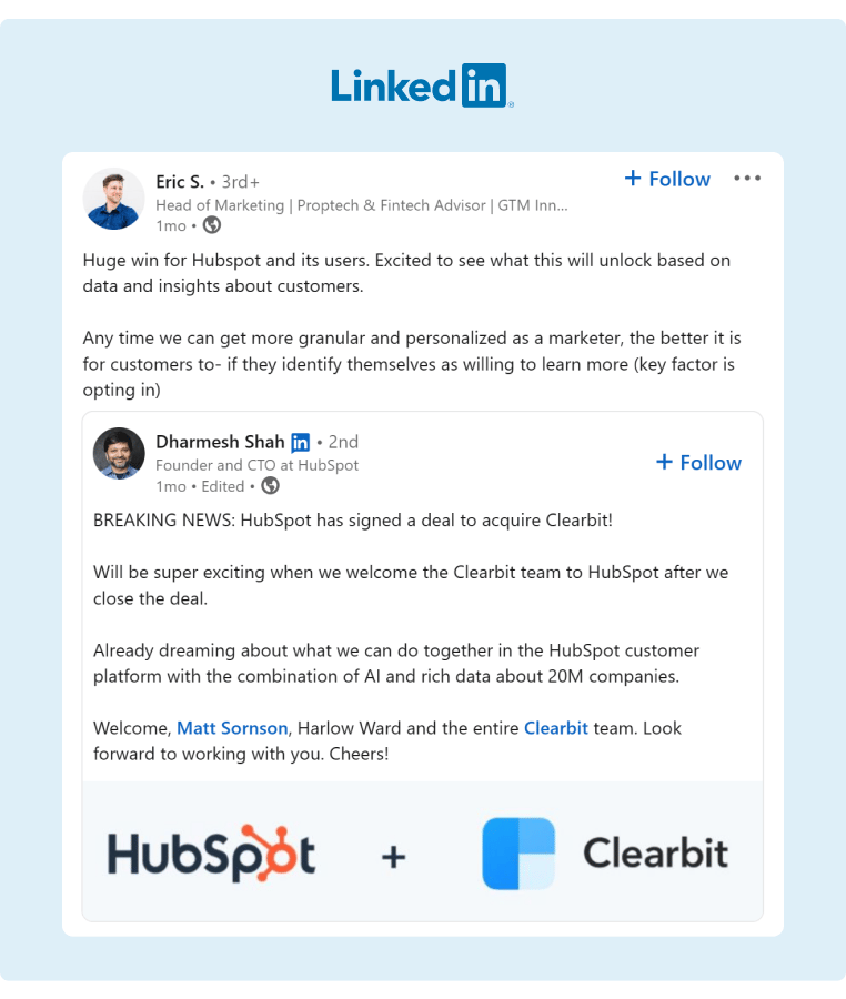 HubSpot announced their acquisition of Clearbit which prompted their followers to share the news