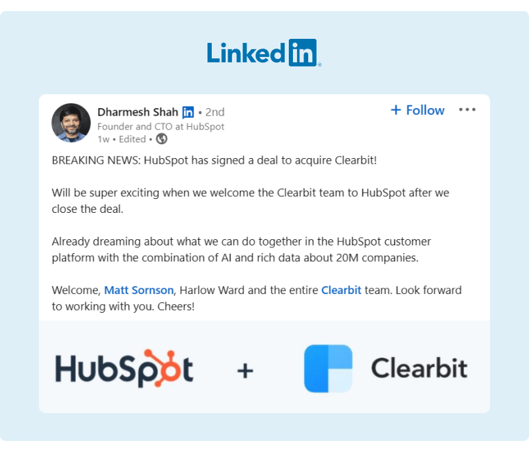 HubSpot founder announced their acquisition of Clearbit