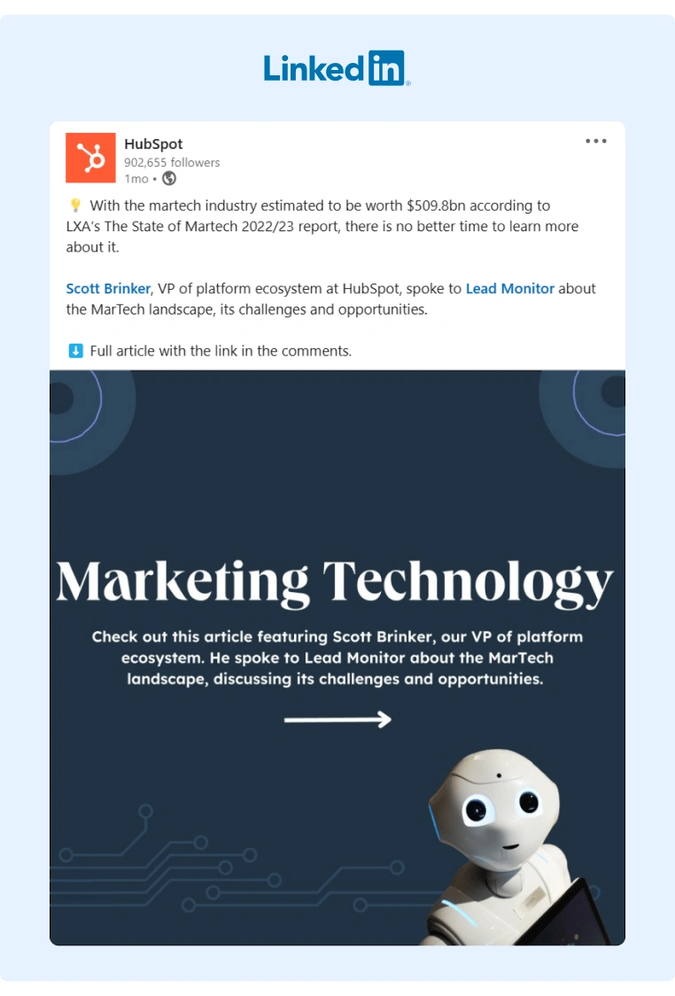 HubSpot posted on LinkedIn on how their VP of platform ecosystem spoke about Marketing Technology