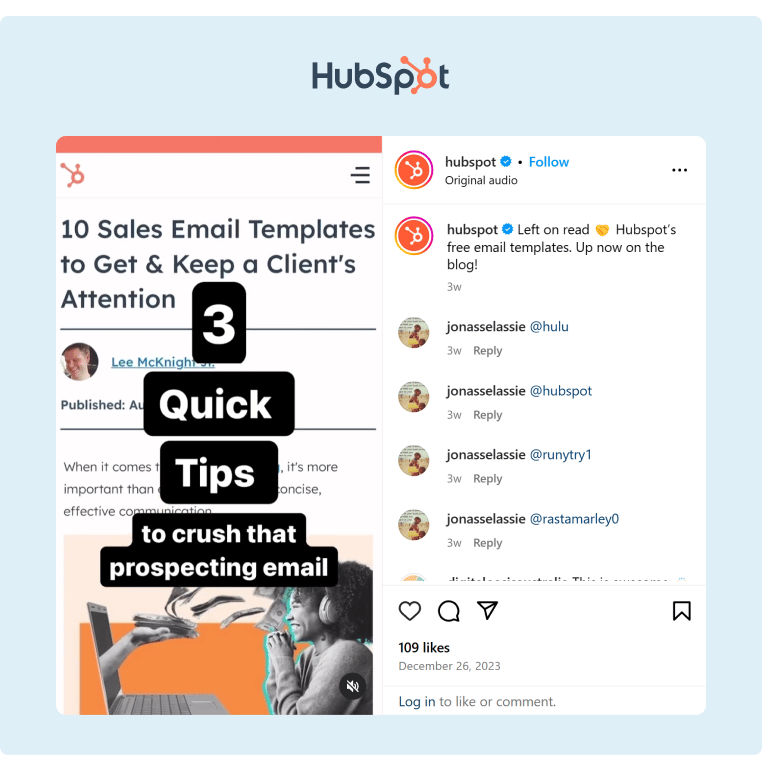 HubSpot shared on Instagram a video providing three essential tips for prospecting emails