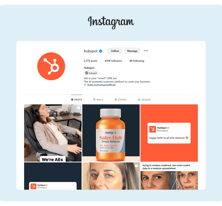 HubSpots Instagram profile features optmized keywords on their bio