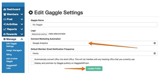 Gaggle setting page inside the GaggleAMP platform