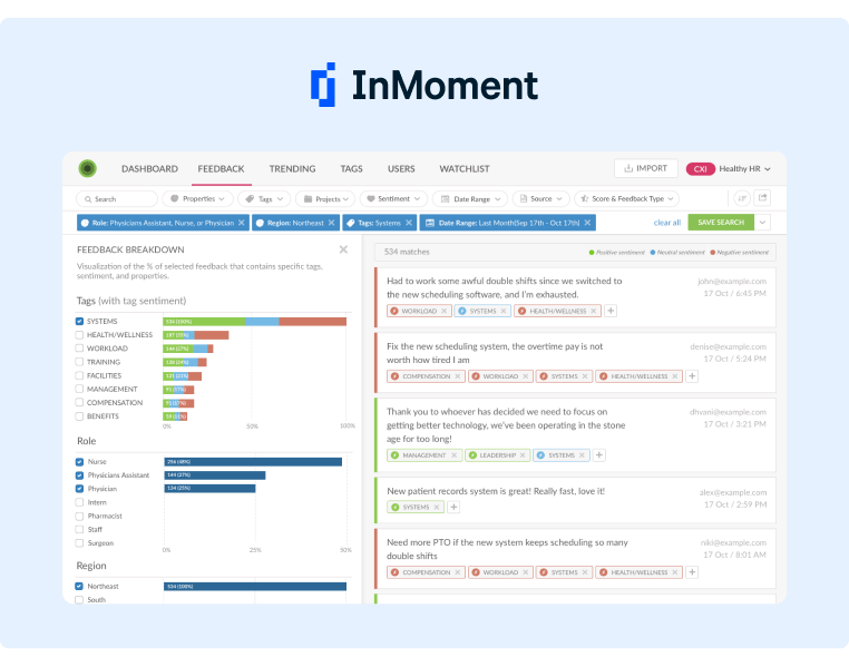 InMoment Created an Example Dashboard grouping some Feedback Tags and Analytics