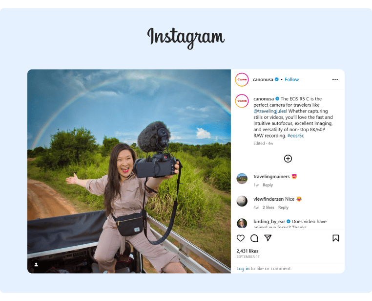 Instagram post from Canon advertising a new camera model along travel influencer Juliana Broste