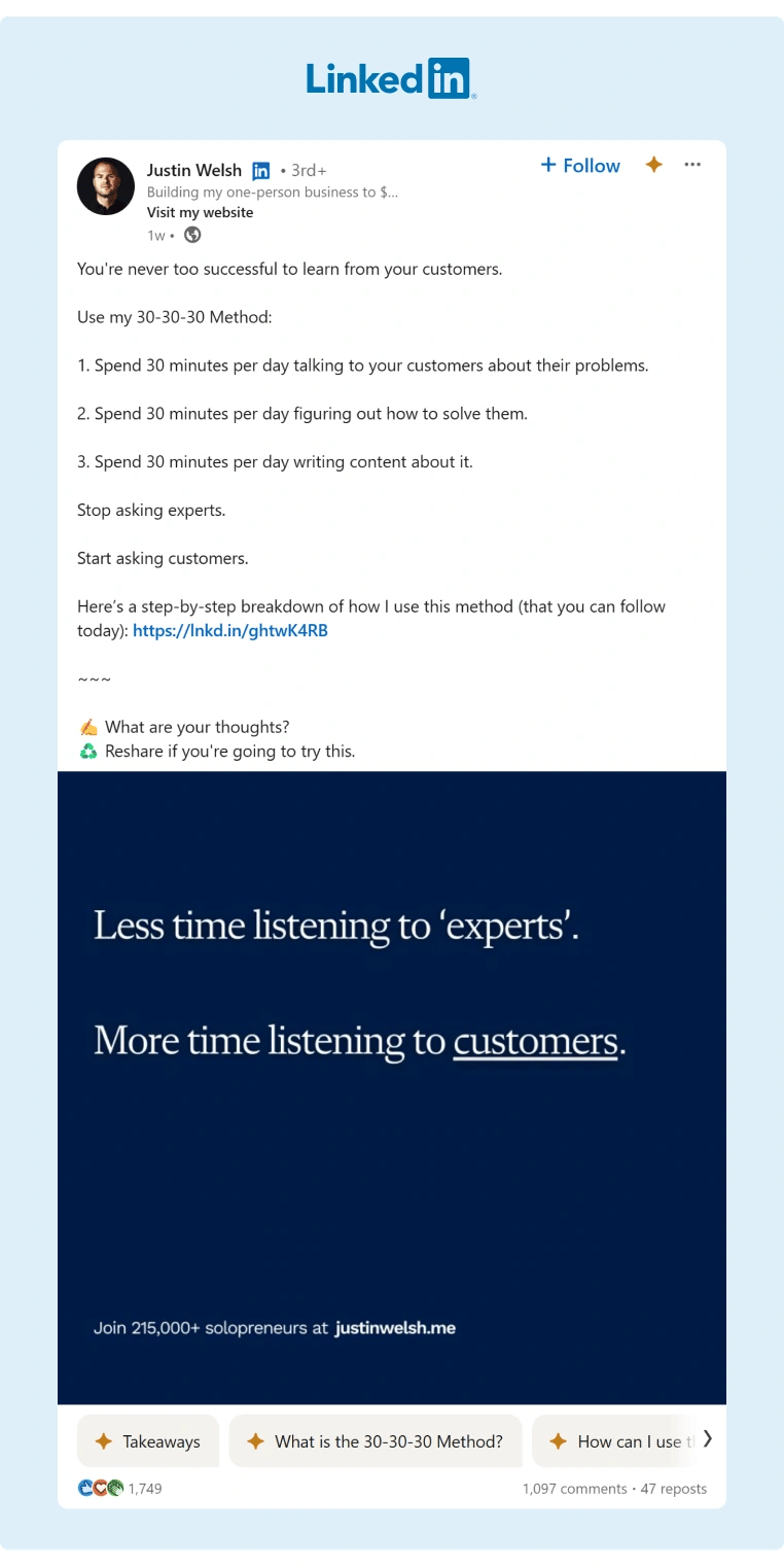 Justin Welsh post advocating about listening to customers more than industry experts