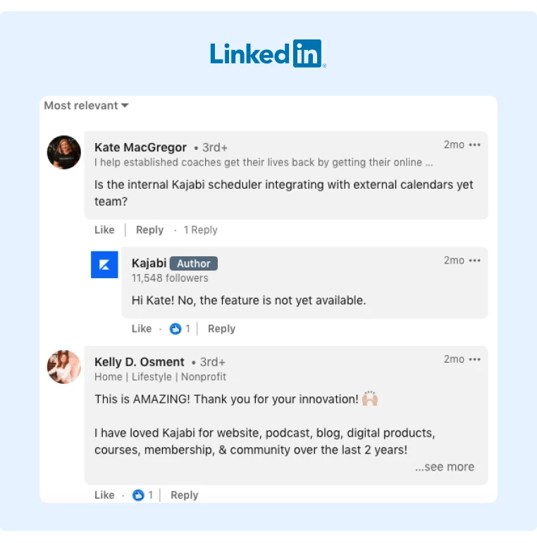 Kajabi engaging with their audience through LinkedIn comments