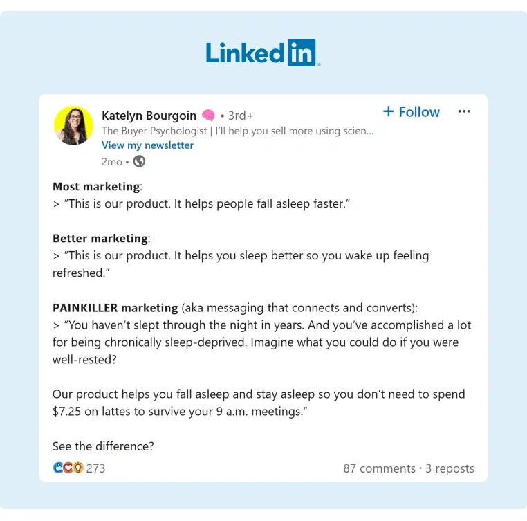 Katelyn Bourgoin shares how buyer pshychology works by comparing three product taglines