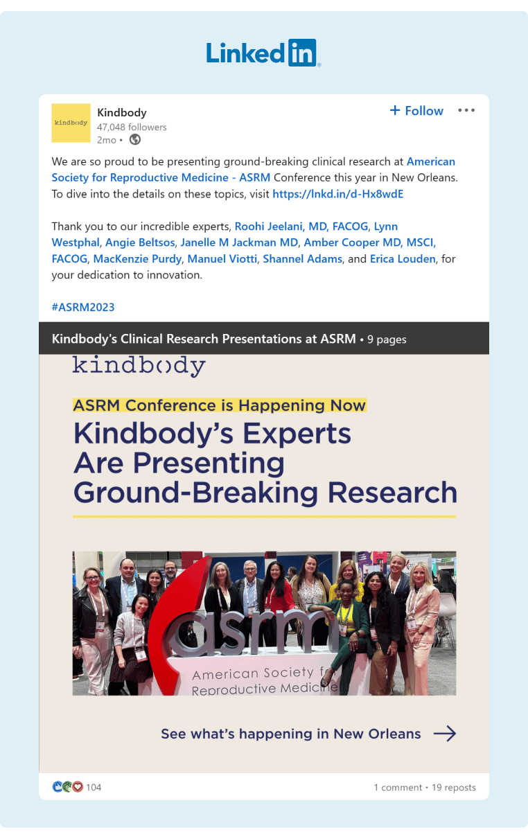 Kindbody slideshow research along with the American Society for Reproductive Medicine ASRM