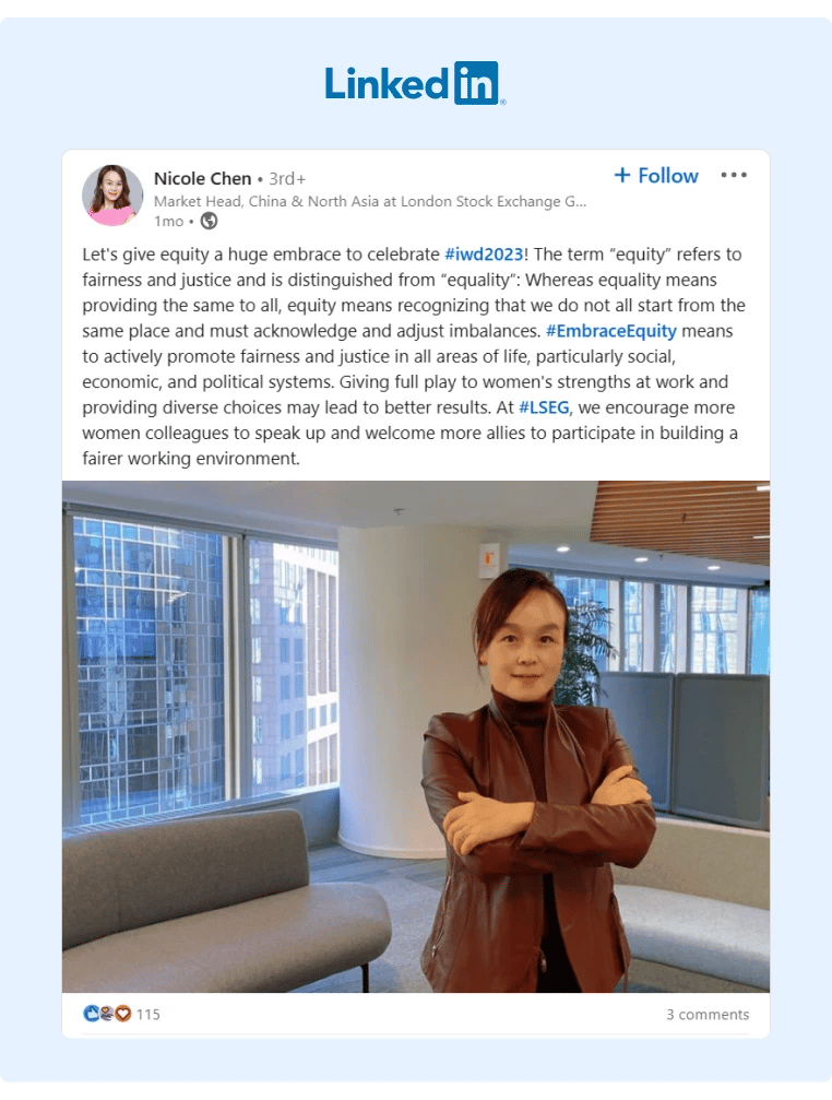 LSEG Head of Marketing shared a post on LinkedIn about how they promote female colleagues to have an important role and presence within the company