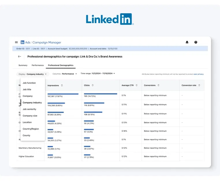 LinkedIn Ads Campaing Manager Screenshot