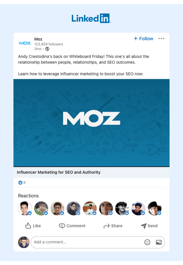 LinkedIn Content Strategy Example of a LinkedIn Post Leveraging Andy Crestodina on the Moz Content Feed