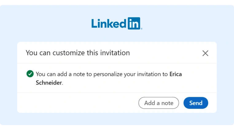 LinkedIn Personalized Message pop up displayed when sending a connection request to a new contact