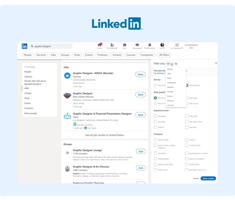 LinkedIn Search filters when looking for a job, a connection and much more
