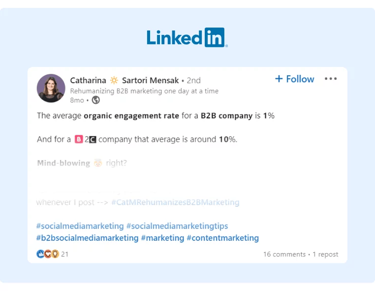 LinkedIn post about how B2B companies have low organic social media engagement and how to improve it