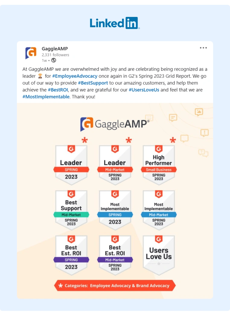 LinkedIn post from GaggleAMP displaying the G2 badges for Spring 2023