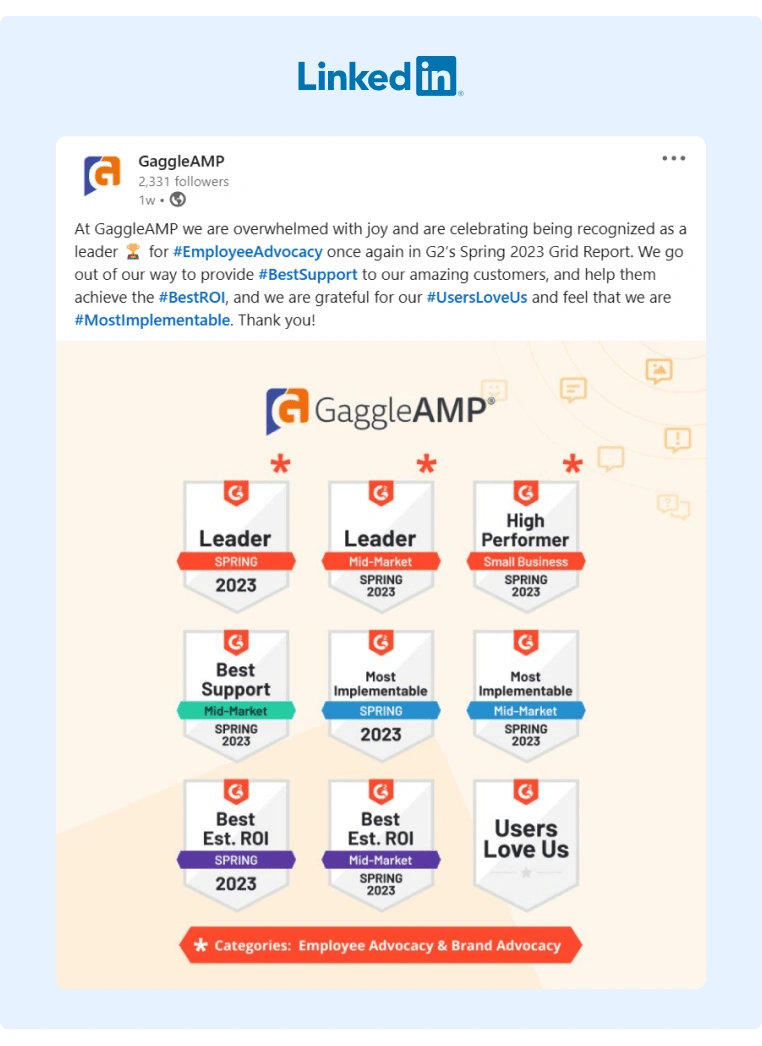 LinkedIn post from GaggleAMP displaying the G2 badges for Spring 2023